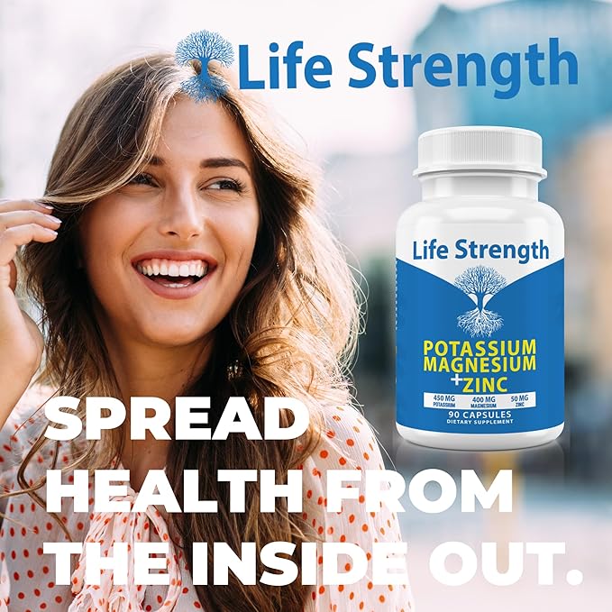 Life Strength Magnesium Potassium Supplements + Zinc 90 Capsules for Vascular Health – High Absorption Vegan, Natural ingredients Supplement for Leg Cramps and Sleep