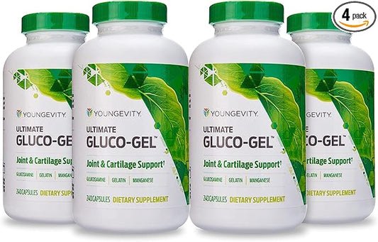 Youngevity Ultimate Gluco-Gel -for Joints, Tendons, Bones & Cartilage | Contains Glucosamine, Gelatin & Manganese | 240 Capsules | 4 Bottle