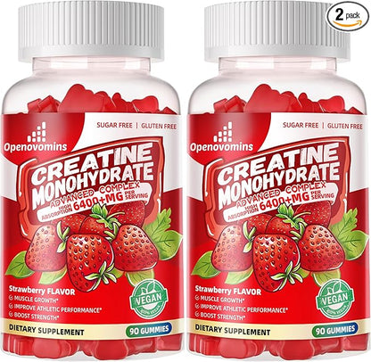 Creatine Monohydrate Gummies Complex for Men & Women -Advanced Formula W/L-Taurine + Vitamin B12, Sugar Free Chewable Supplement,180 Strawberry Gummies 2pack