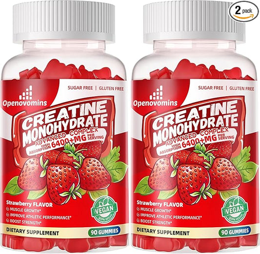Creatine Monohydrate Gummies Complex for Men & Women -Advanced Formula W/L-Taurine + Vitamin B12, Sugar Free Chewable Supplement,180 Strawberry Gummies 2pack