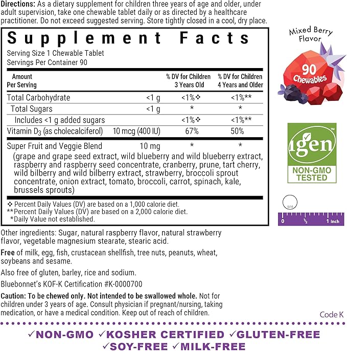 Bluebonnet Nutrition Rainforest Animalz Vitamin D3 400 IU Chewable Tablet, Soy, Dairy & Gluten-Free, Non-GMO, Kosher Certified, Vegetarian Friendly, Natural Mixed Berry Flavor, 90 Count