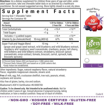 Bluebonnet Nutrition Rainforest Animalz Vitamin D3 400 IU Chewable Tablet, Soy, Dairy & Gluten-Free, Non-GMO, Kosher Certified, Vegetarian Friendly, Natural Mixed Berry Flavor, 90 Count
