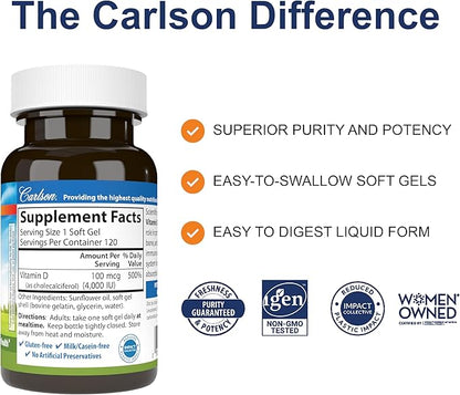 Carlson - Vitamin D3, 4000 IU (100 mcg), Vitamin D Supplements, Bone & Immune Health, Cholecalciferol Supplement, Gluten Free Vitamin D Capsules, 120 Softgels
