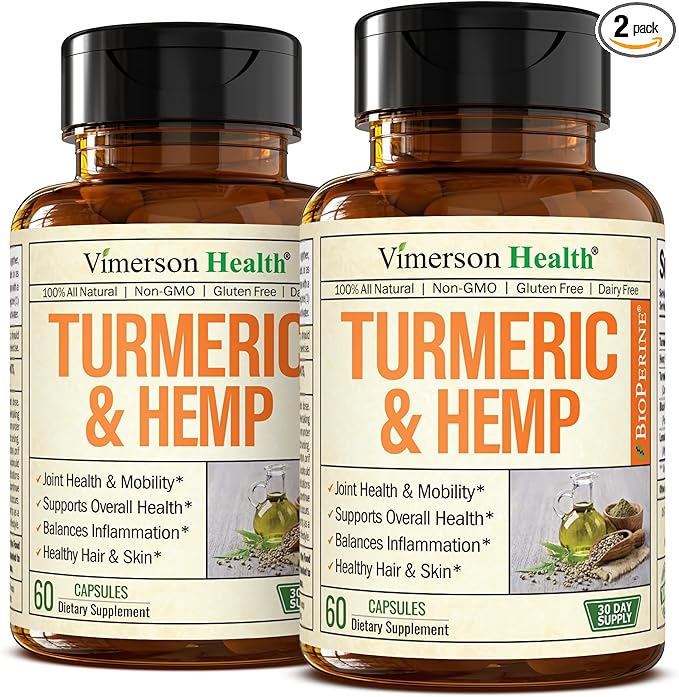 Turmeric Supplement and Hemp Capsules - Turmeric Curcumin with Black Pepper (Bioperine) for Joint, Sleep & Mood Support. Joint Supplements for Women & Men with Tumeric, Hemp & Lemon Balm. 2 Pack