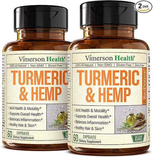 Turmeric Supplement and Hemp Capsules - Turmeric Curcumin with Black Pepper (Bioperine) for Joint, Sleep & Mood Support. Joint Supplements for Women & Men with Tumeric, Hemp & Lemon Balm. 2 Pack