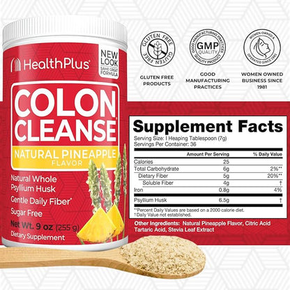 Health Plus Colon Cleanse - Natural Daily Fiber - No Artifical Flavors, Natural Sweetener, Gluten Free, Detox, Heart Healthy, Pineapple Flavor (9 Ounces, 36 Servings)