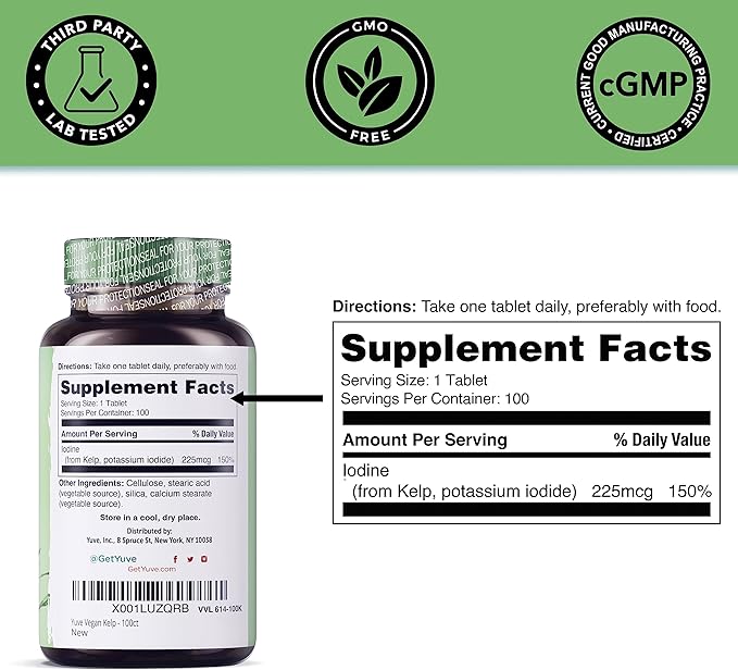 Thyroid Support for Women, Iodine Supplements for Thyroid, 225mg – Natural Metabolism & Energy, Organic Seaweed from North Atlantic Ocean, Plant-Based, Non-GMO - 100 Tablets