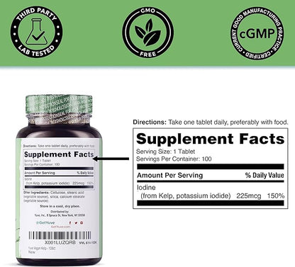Thyroid Support for Women, Iodine Supplements for Thyroid, 225mg – Natural Metabolism & Energy, Organic Seaweed from North Atlantic Ocean, Plant-Based, Non-GMO - 100 Tablets