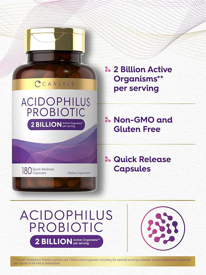 Carlyle Acidophilus Probiotic for Women & Men's Digestive Health | 2 Billion CFU | 180 Quick Release Capsules | Non-GMO & Gluten Free