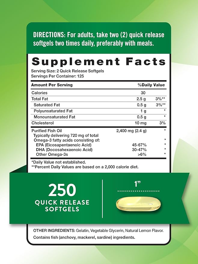 Nature's Truth Burpless Fish Oil 2400mg | 250 Softgels | 720 mg Omega 3 | Natural Lemon Flavor Pills | Non-GMO & Gluten Free Supplement