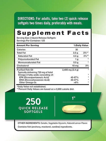 Nature's Truth Burpless Fish Oil 2400mg | 250 Softgels | 720 mg Omega 3 | Natural Lemon Flavor Pills | Non-GMO & Gluten Free Supplement
