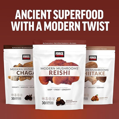 FORCE FACTOR Modern Mushrooms Soft Chews, Reishi Mushroom Supplement to Support Sleep, Stress Relief, & Longevity, Antioxidants Supplement, Delicious Chocolate Peanut Butter Cup Flavor, 30 Soft Chews