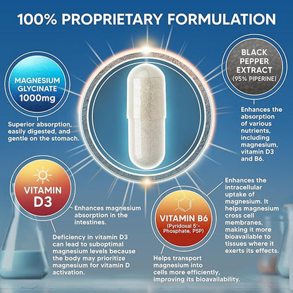 Magnesium Glycinate 1000mg with Vitamin D3 & B6-500mg per Capsule - Pure Elemental Mag Supplement Complex for Sleep, Muscle, Bone Health - Replace Gummies, Tablets & Powder - 120 Capsules