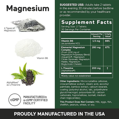 Smarter Nutrition Magnesium Complex - Chelated Magnesium Glycinate + Citrate, Malate for Sleep, Relaxation, Muscle & Nerves + Clinically Proven L-Theanine, Non-GMO-60 Tablet[30-Day Supply]