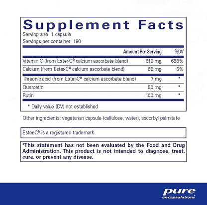 Pure Encapsulations Ester-C & Flavonoids - Vitamin C Supplement for Antioxidants - Immune & Vascular Support* with Calcium & Rutin - Gentle on Digestion - Vegan & Non-GMO - 180 Capsules