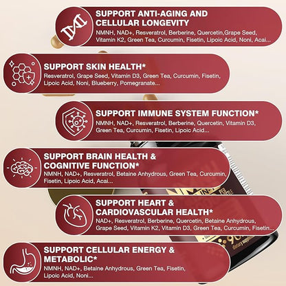 19 in 1 NMNH (Dihydronicotinamide Mononucleotide) 1000mg Per Serving, NAD Supplement to Boost NAD+ Levels NAD Resveratrol Supplement with Quercetin, Berberine for Anti Aging, Energy, 90 Capsules-020
