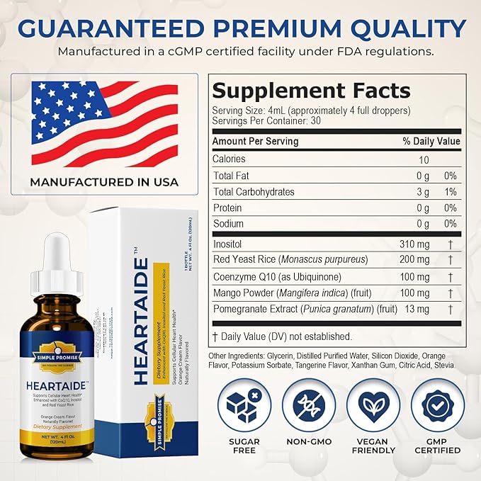 Simple Promise HeartAide - Heart Health Supplement - Red Yeast Rice with CoQ10 (200mg & 100mg) & Inositol - Liquid Drops for Cholesterol & Cardiovascular Support - 4 fl oz, Orange Cream Flavor