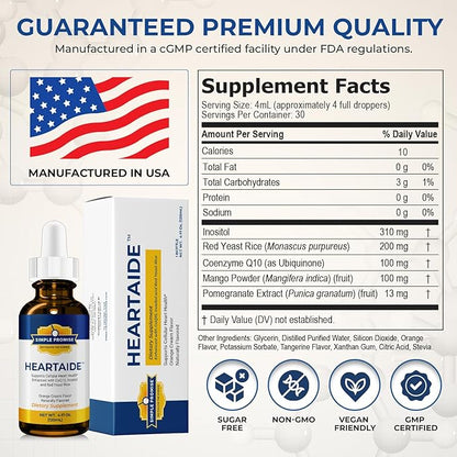 Simple Promise HeartAide - Heart Health Supplement - Red Yeast Rice with CoQ10 (200mg & 100mg) & Inositol - Liquid Drops for Cholesterol & Cardiovascular Support - 4 fl oz, Orange Cream Flavor