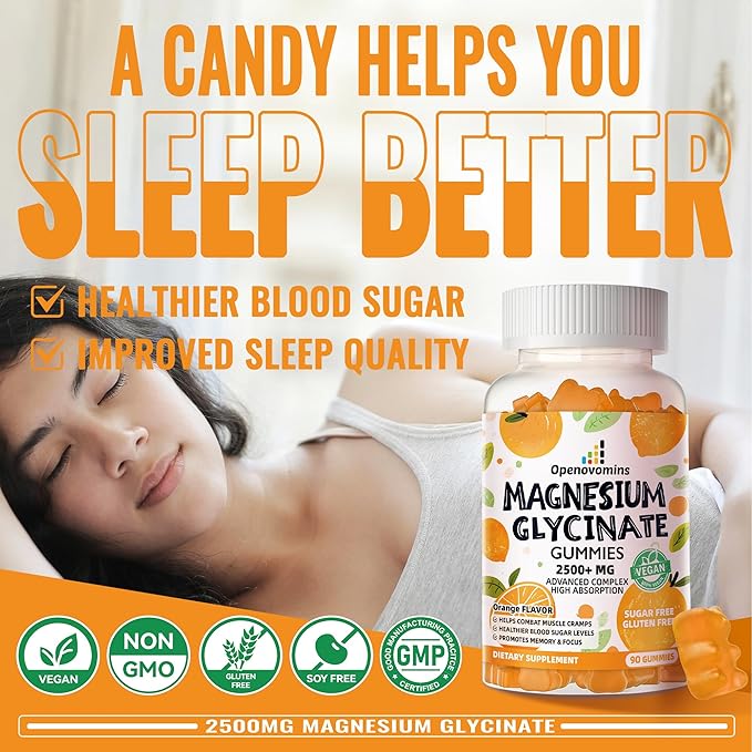 Magnesium Glycinate Gummies- Sugar Free Magnesium Potassium Supplement with Vitamin D, B6, CoQ10 for Calm Mood & Sleep Support - 90 Orange Gummies