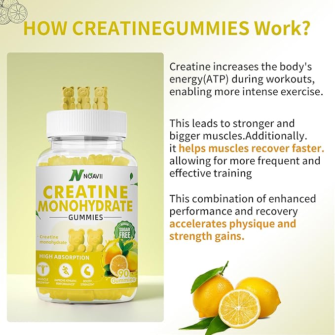 Creatine Monohydrate Gummies 5000mg for Men & Women, Chewables Creatine Monohydrate for Muscle Strength, Muscle Builder, Energy Boost, Pre-Workout Supplement-90 Lemon Gummies
