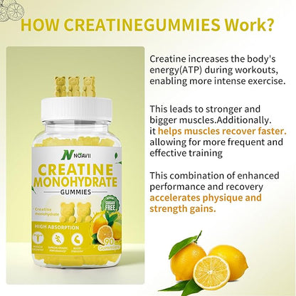 Creatine Monohydrate Gummies 5000mg for Men & Women, Chewables Creatine Monohydrate for Muscle Strength, Muscle Builder, Energy Boost, Pre-Workout Supplement-90 Lemon Gummies