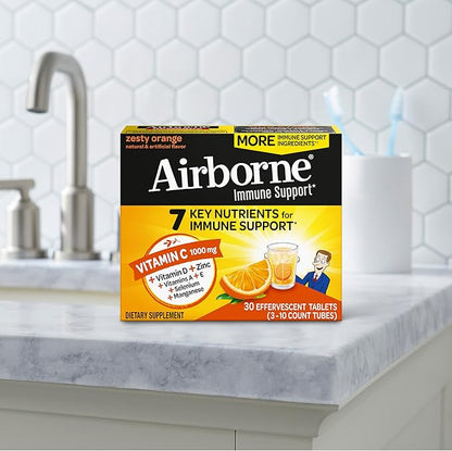 Airborne Vitamin C 1000mg (per Serving) - Zesty Effervescent Tablets, Gluten-Free Immune Support Supplement, Echinacea & Ginger, Orange, Citrus, 30 Count (Pack of 3)