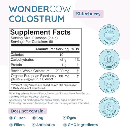 Colostrum Supplement Powder for Gut Health, Immune Support, Muscle Recovery & Wellness | Natural IgG Pure Whole Bovine Colostrum Superfood, Elderberry, 60 Servings