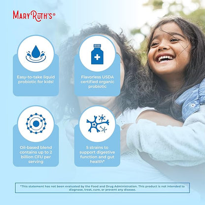 Kids Probiotic Liquid Drops by MaryRuth's | USDA Organic Probiotics for Digestive Health | Ages 4+ Gut Health & Immune Support Supplement | Overall Health | Vegan | Non-GMO | 1 Fl Oz