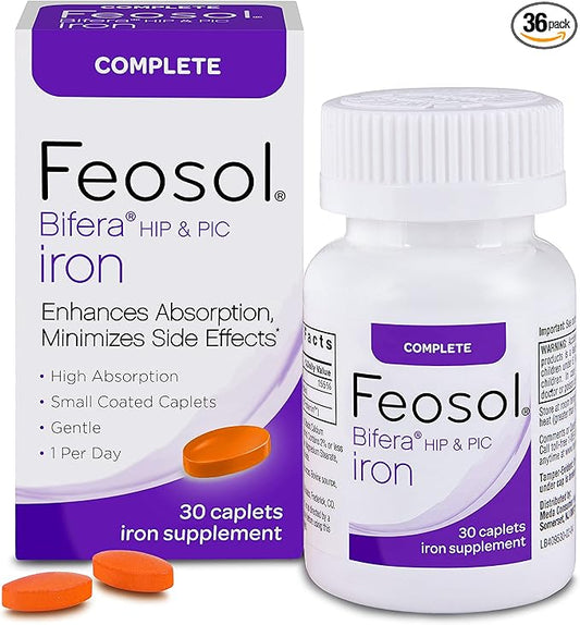 Feosol Complete Iron Supplement Caplets, Bifera Iron for High Absorption, Heme and Non-Heme Dual Action Minimizes Side Effects, 1 Per Day, for Energy and Immune System Support, 30 Count (Pack of 36)