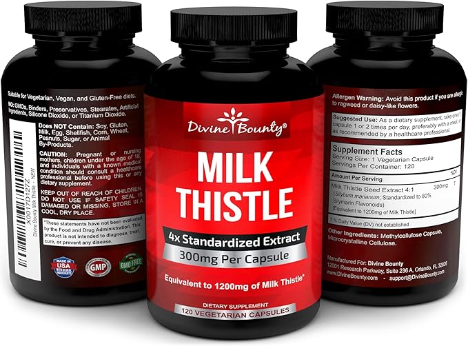 Divine Bounty Pure Milk Thistle Capsules Supplement - A Potent 1200mg Milk Thistle Supplement with 4X Concentrated Extract (Standardized) 120 Vegetarian Capsules