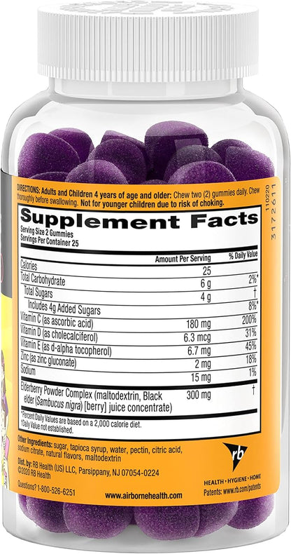 Airborne Kids Elderberry + Zinc & Vitamin C Gummies, Kids Immune Support with Powerful Antioxidants VIT D & E - 50 Gummies, Elderberry Flavor