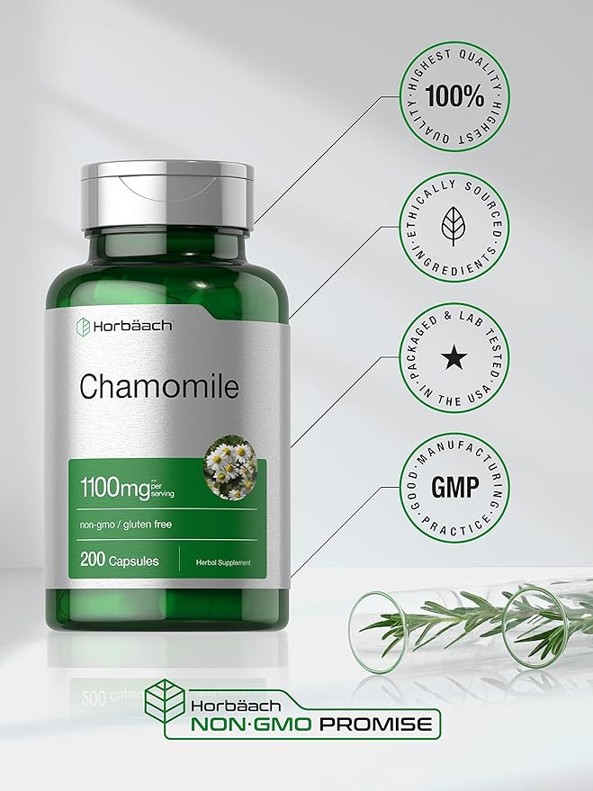 Horbäach Chamomile Flower Extract | 200 Pills | 1100mg Capsules | Non-GMO, Gluten Free Supplement