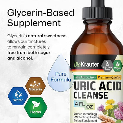 BIO KRAUTER Uric Acid Support Tincture - Natural Kidney Supplement w/Tart Cherry, Milk Thistle, Turmeric Herbal Liquid Extracts - Vegan Drops 4 Fl.Oz.