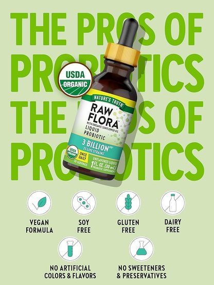 Nature's Truth Raw Flora USDA Organic Liquid Probiotic | Doctor Formulated | 25 Billion Live Strains | Vegan & Gluten Free Supplement for Men and Women