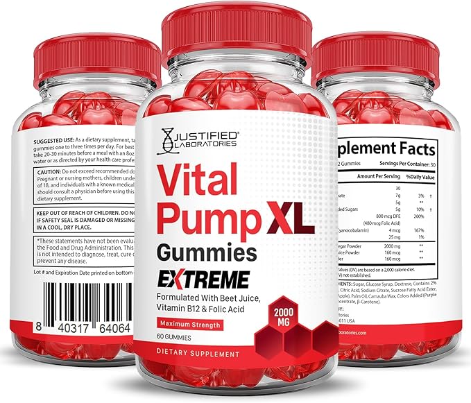 Justified Laboratories Vital Pump XL Extreme 2000MG Performance Gummies Vital PumpXL Advanced Formula Formulated with Beet Juice ACV Pomegranate Powder B12 Vegan Non GMO 60 Gummys