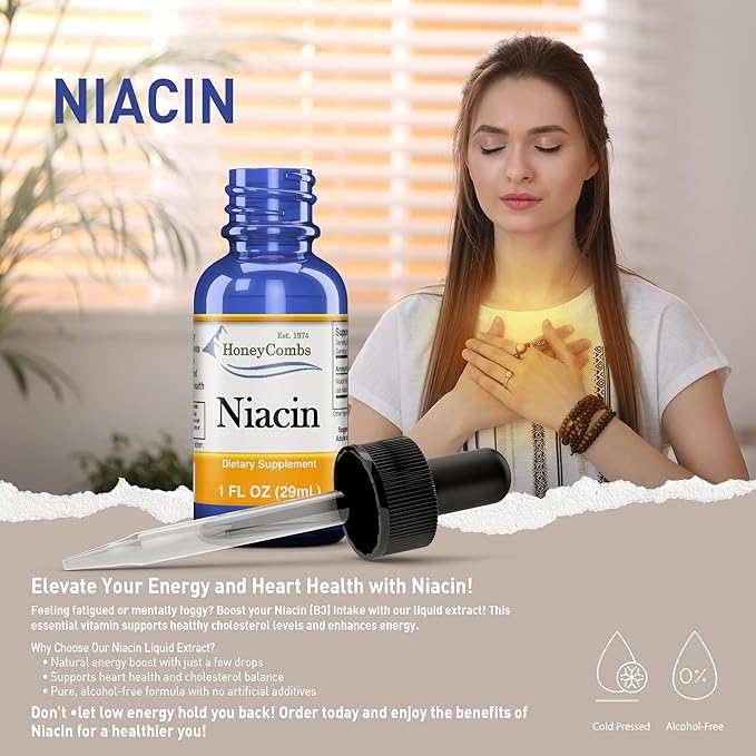 HoneyCombs Vitamin B3-Niacin 80mg Niacin Equivalent Drops – Vitamin B Liquid Niacin Drops – Alcohol-Free, Non-GMO Niacin Supplement 1oz