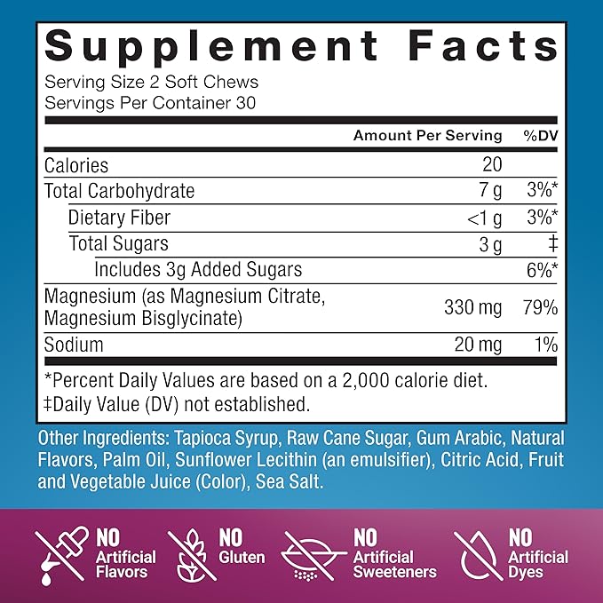 Force Factor Ultimate Magnesium Supplement, 330mg Magnesium Glycinate & Magnesium Citrate, Like Magnesium Gummies, Support Calm, Relaxation, Vegan & Gluten Free, Mixed Berry Flavor, 60 Soft Chews