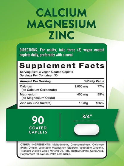 Nature's Truth Calcium Magnesium Zinc | 90 Coated Caplets | Vegan, Non-GMO, and Gluten Free Supplement