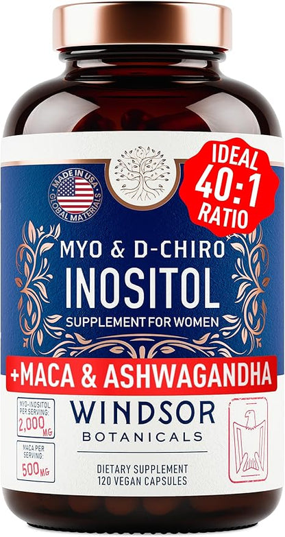 Myo and D-Chiro Inositol Supplement 40:1 Ratio - 2,000 mg Myo-Inositol plus Maca Root & Calming Ashwagandha - Healthy Ovarian Support Vitamins and Fertility Supplements for Women - 120 Vegan Capsules