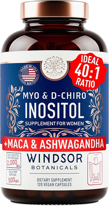 Myo and D-Chiro Inositol Supplement 40:1 Ratio - 2,000 mg Myo-Inositol plus Maca Root & Calming Ashwagandha - Healthy Ovarian Support Vitamins and Fertility Supplements for Women - 120 Vegan Capsules