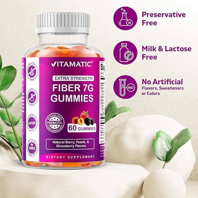 Vitamatic Prebiotic Fiber Gummies for Adults – 2 Pack (Total 120 Gummies) 7g Fiber per Serving | Extra Strength | Zero Sugar Added | Pectin-Based | Digestive Health & Regularity Support