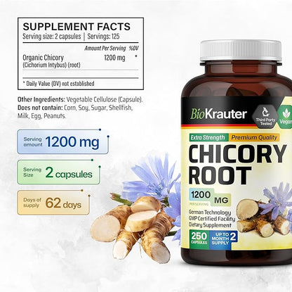 BIO KRAUTER Chicory Fiber Supplement - 1200 mg Strength - 250 Count - Chicory Root Powder - Inulin Capsules for Digestive Support - Vegan
