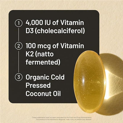 NatureWise Vitamin D3 4000IU + K2 (MK7) 100mcg with Organic Extra Virgin Coconut Oil - Supports Calcium Absorption, Bone & Immune Health - Non-GMO, Soy & Gluten-Free - 30 Softgels[1-Month Supply]