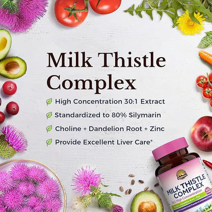 Vitalitown Milk Thistle Complex | 30X Extract & Std. 80% Silymarin | Choline + Dandelion Root + Zinc | Superior Liver & Antioxidant Support | Vegan, Non-GMO, No Dairy | 600 mg | 60 Veggie Caps