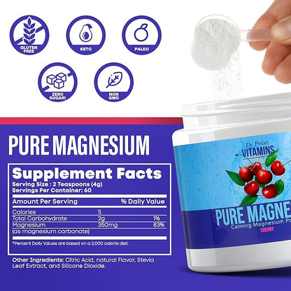 Dr. Price's Calming Magnesium Powder - Magnesium Citrate - Magnesium Supplement - 60 Servings - Pure Magnesium Powder - Natural Calming Magnesium - Non-GMO, Gluten Free, Anti-Stress Drink Mix - Cherry