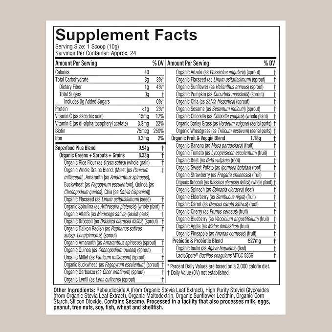 Purely Inspired Organic Green Powder Smoothie Mix, Unflavored (24 Servings) - Probiotics for Digestive Health with Spirulina & Chlorella for Gut Health - Vegan & Gluten-Free