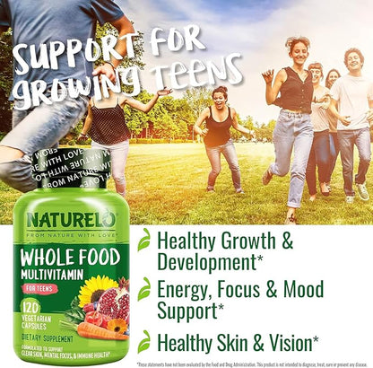 NATURELO Teen Multivitamin - Whole Food Multivitamin - with Minerals for Teenage Boys & Girls - Supplement for Active Kids - Non-GMO - Vegan & Vegetarian - 120 Capsules