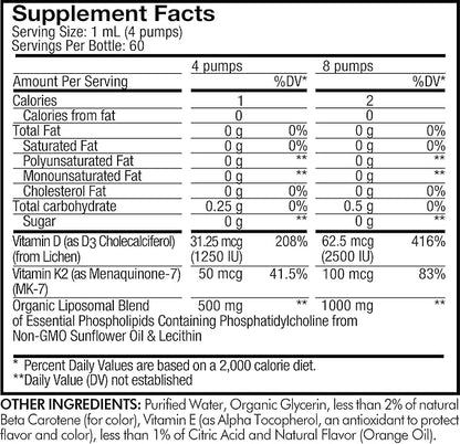 Codeage Liquid Vitamin D3 K2 Supplement, Liposomal Vitamin D Cholecalciferol, Menaquinone MK-7, Liquid Vitamin K - Vegan & Non-GMO - No Sugar - 2 fl oz