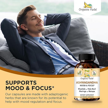 Organic Veda Ashwagandha Mood Support Supplement 1200mg, with Organic Ashwagandha Root, Bacopa, Rhodiola Rosea, Holy Basil, Moringa, Focus & Energy Support - 60 Vegan Capsules