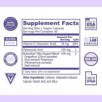 Zhou Glowfluence Hyaluronic Acid Supplement with Vitamin C and Antioxidants, Skin Elasticity and Firmness Support for Youthful Radiant Skin, Blended Supplement for Beautiful Glow, 30 Veg Caps